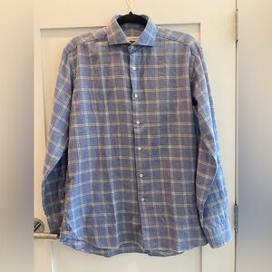 Miller Westby,shirt in a soft blue color with white and light gray lines,Small.